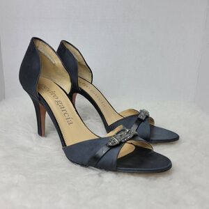 Pedro Garcia Satin/Leather Open Toe Heel  Swarovski Crystal Buckle Shoes Size 9